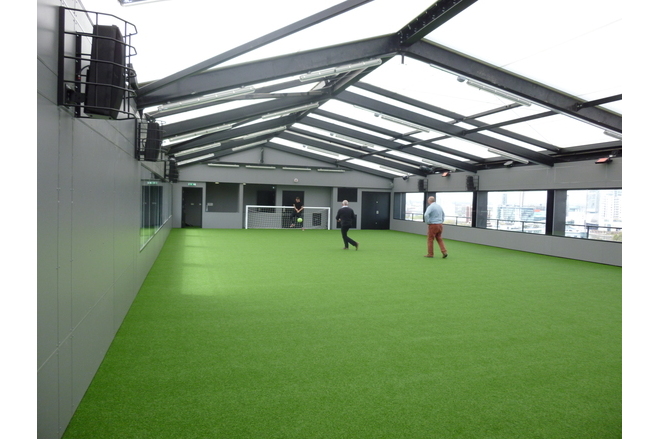 	Silicone glass fabric roof closed over the five-a-side pitch for all-weather play